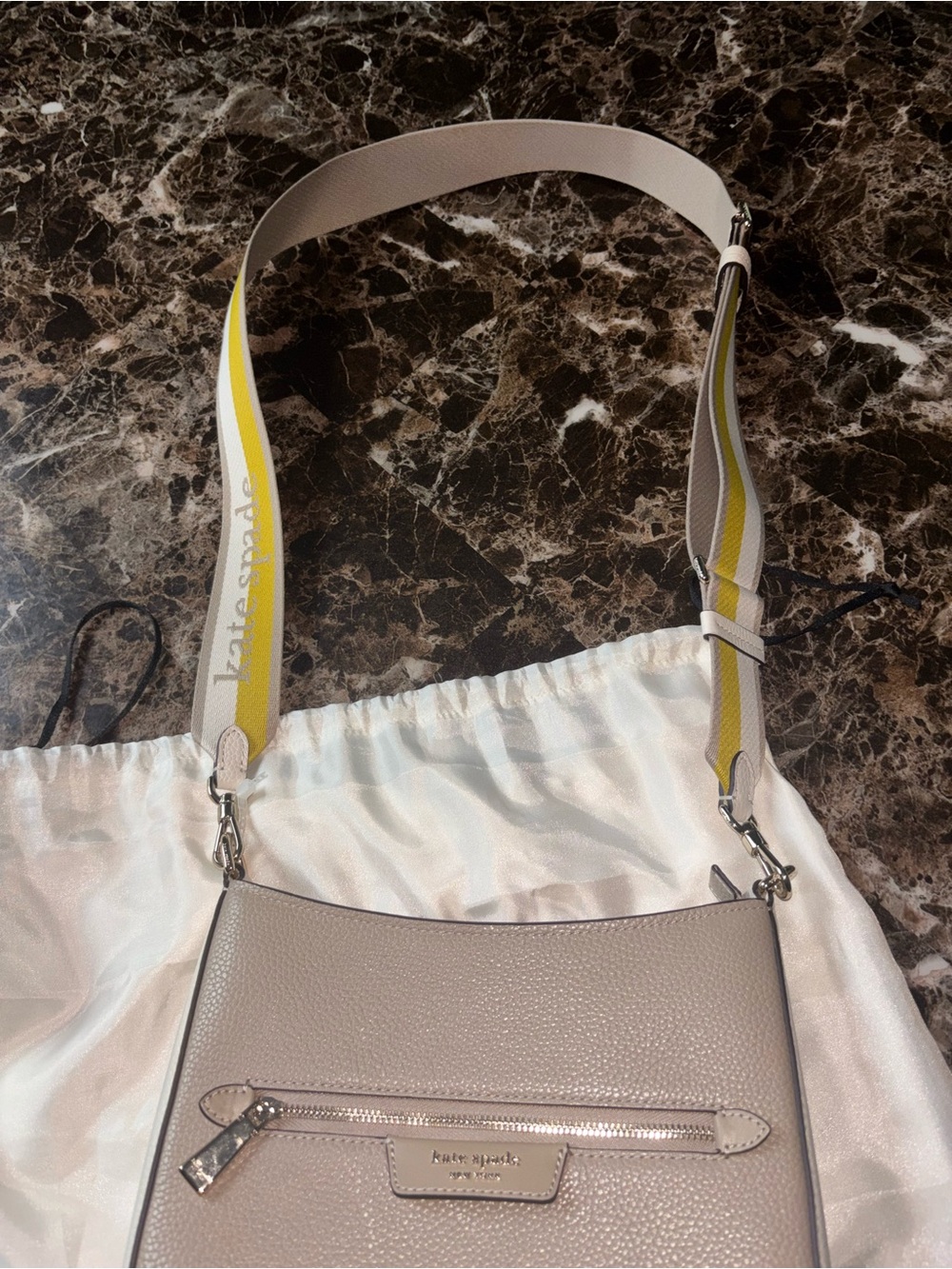 Kate Spade - Pebbled Leather Crossbody in Taupe with Yellow-Striped Strap - Picture 5 of 9